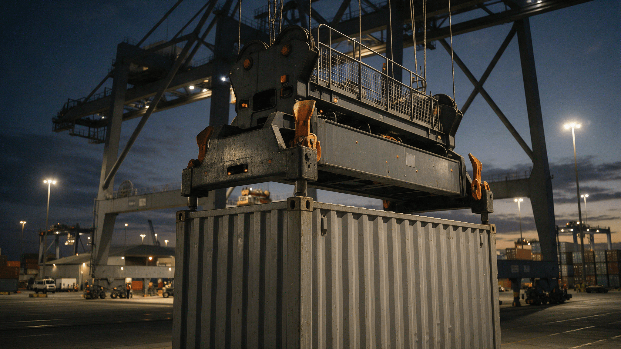 Spreader de um guindaste de pórtico encaixando nos cantos de um contêiner em terminal portuário ao entardecer