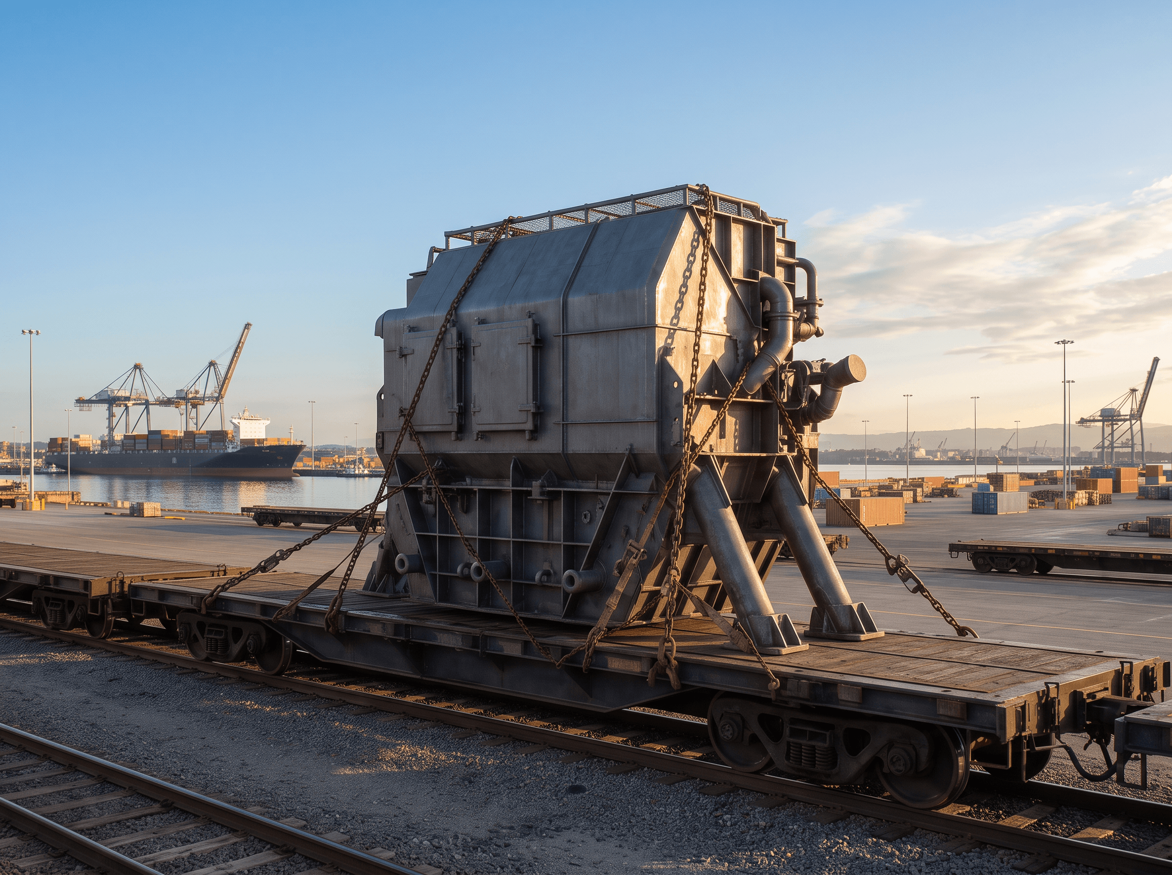 Peça de máquina industrial de grande porte amarrada sobre um flat rack em terminal portuário ao entardecer